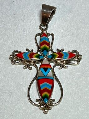 Signed RR Sterling Silver 925 Cross Pendant with Multicolor Micro Stone Inlay